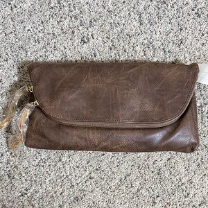 Versona Brown faux Leather Foldover Clutch Bag NWT